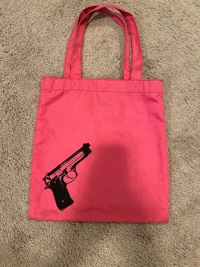 Pink Canvas Tote with Black Gun Graphic